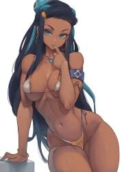 1girls abs alternate_breast_size bikini black_hair blue_eyes breasts dark-skinned_female dark_skin female game_freak gym_leader hi_res large_breasts lesottart long_hair nessa_(pokemon) nintendo pokemon pokemon_ss simple_background toned