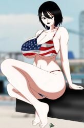 4th_of_july akinama_family_(noir-black-shooter) american_flag_bikini beach big_breasts black_lipstick dark_blue_hair female holidays huge_breasts naoki_akinama_(noir-black-shooter) noir-black-shooter oc original original_character purple_eyes short_hair