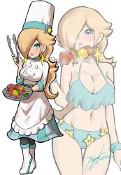 blonde_hair breasts chef chef_hat corn female female_only food hair_over_one_eye mario_(series) mario_kart mario_kart_tour nintendo princess_rosalina sausage solo yamino_ekakinin