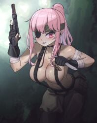 1girls breasts casual cleavage cosplay eye_patch female firearm gun handgun hololive hololive_english hololive_myth human knife metal_gear_solid mori_calliope pale_skin pink_hair red_eyes virtual_youtuber weapon zedgawr