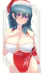 1girls 2023 absurdres artist_name blue_eyes blue_hair bow byleth_(fire_emblem) byleth_(fire_emblem)_(female) christmas cleavage female female_only fire_emblem fire_emblem:_three_houses highres large_breasts light-skinned_female light_skin looking_at_viewer nintendo parupome santa_hat solo watermark wide_hips