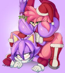 amy_rose anilingus anthro ass big_ass big_breasts big_butt biped blaze_the_cat clothed clothing curvy_hips domestic_cat duo eyelashes face_in_ass felid feline felis female female/female festive fur hi_res kappa_spark looking_pleasured mammal mistletoe mistletoe_on_tail open_mouth oral oral_sex panties pupils purple_body purple_fur pussy_eating rimjob rimming sega sonic_(series) sonic_the_hedgehog_(series) thick_thighs underwear voluptuous_female yuri