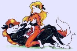 1990s 1996 1boy 1boy1girl 1girls 20th_century anthro blond_hair breasts cape eyes_closed eyes_half_open fox furry grabbing_another's_breast grabbing_breasts hands_on_breasts holding_breasts jessica_willard lupine male/female mouth_open multicolored_body multicolored_fur nipple_piercing nipples straight vixen vulpine white_background wolf