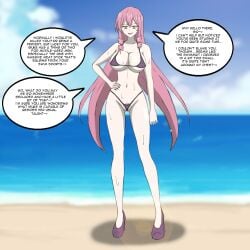 akuma_no_riddle beach bikini dialogue flirting imminent_sex inukai_isuke large_breasts long_hair micro_bikini pink_hair sole_female suggestive swimsuit text tight_clothing