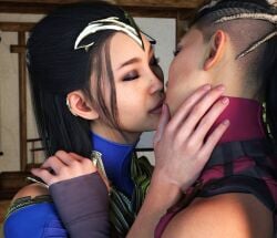 2girls 3d armor black_hair clone clonecest closed_eyes edenian female female_only fully_clothed hand_on_neck imminent_kiss incest kissing kitana kiteena long_hair mileena mortal_kombat mortal_kombat_1_(2023) princess rayalterego23 royalty sisters yuri