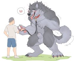 animal_genitalia anthro balls canid canine claws disiwjd duo fur genitals heart hi_res human male male/male mammal pawpads sheath size_difference tail tail_motion tailwag were werecanid werecanine werewolf