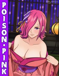 1girls bare_shoulders breasts cleavage collarbone english_text female female_only from_above highres hiyozuki huge_breasts human indoors japanese_clothes kimono kimono_pull large_breasts lips naughty_face night night_sky off_shoulder one_piece pink_kimono sash seductive shoulders shounen_jump solo source_request standing text undressing vinsmoke_reiju