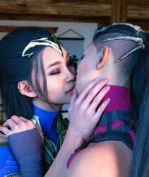 2girls 3d armor black_hair clone clonecest closed_eyes edenian female female_only fully_clothed hand_on_neck imminent_kiss incest kissing kitana kiteena long_hair mileena mortal_kombat mortal_kombat_1_(2023) princess rayalterego23 royalty sisters yuri