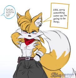 1boy aged_up belt blue_eyes blush dialogue digital_media_(artwork) embarrassed fangs fluffy_ears fluffy_tail gloves miles_prower one_eye_closed page_1 scar snowyblue solo solo_focus sonic_(series) standing tails twink two_tone_fur watermark white_fur yellow_fur