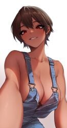 1girls biting_lip cleavage no_bra red_eyes reverseki_ya short_hair solo upshot white_background