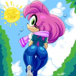 1girls amy_rose ass cameltoe excercise female fully_clothed furry gloves grillo jogging looking_back pants sega sky sonic_(series) sun sweat towel tree