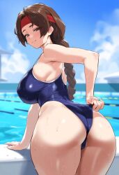 adjusting_swimsuit ai_generated bending bent_over braid braided_hair braided_ponytail erect_nipples erect_nipples_under_swimsuit headband king_of_fighters large_breasts leaning_forward looking_at_viewer looking_back one-piece_swimsuit ponytail pool poolside school_swimsuit swimsuit tharkica yuri_sakazaki