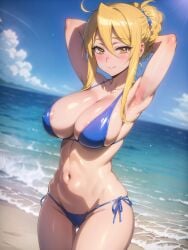 1girls ai_generated armpits arms_behind_head artist_request beach big_breasts bikini blonde_hair busty cleavage confident hi_res highschool_of_the_dead large_breasts long_hair looking_at_viewer navel ocean pose posing seductive seductive_smile sexy_armpits shizuka_marikawa smile solo swimsuit water