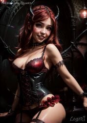 1girls ai_generated belle_delphine big_breasts celebrity cleavage corset demon detailed egirl fantasy female female_only goth goth_girl gothic high_quality hourglass_figure hyperrealistic latex leak leaked lingerie logart real_person red_hair seductive sensitive smile smiling solo stable_diffusion succubus succubus_horns succubus_wings