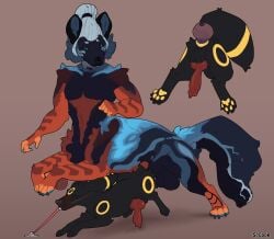 absurd_res animal_genitalia anus balls big_balls canine_genitalia duo eeveelution feral generation_2_pokemon genitals hi_res knot leash male male/male muscular muscular_male muzzle_(object) nintendo paws penetration pokemon pokemon_(species) sheath size_difference srcook taur umbreon