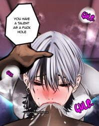 1boy 1boy1girl 1girls all_the_way_to_the_base balls_deep black_hair black_penis blowjob closed_eyes cum_down_throat cum_in_mouth dakeda_kaneshiro dark-skinned_male deepthroat deepthroat_holder deepthroat_mark dirty_talk doujinshi earrings emo eye_contact eyes_closed female fringe gulp hand_on_head hands-free hands_behind_back interracial jonthan062792 kneeling large_penis long_penis mole mole_above_mouth mole_under_eye oral original original_character pale-skinned_female pov purple_eyes rape red_lipstick saliva saliva_trail short_hair sloppy swallowing_cum swallowing_penis_while_deepthroat tagme tagme_(artist) tattoo tears throat_fuck two_tone_hair white_hair wind_breaker