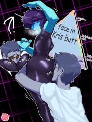 2boys ?! anon ass big_ass big_butt blue_hair blue_skin butt deltarune face_in_ass fat_ass fat_butt fully_clothed gay grey_hair grey_skin heart heart-shaped_pupils huge_ass huge_butt kris_(deltarune) male male_only meme meme_reference red_eyes smutstrut sweat sweating text thick_ass thick_butt toby_fox worship