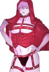 1boy alternate_costume annoyed belt_bra cape choker crossdressing garter_belt garter_straps gintama gintoki_sakata hand_on_hip hood looking_at_viewer male male_only pale-skinned_male pale_skin pecs solo thigh_strap underpec unnyo_prpr vest