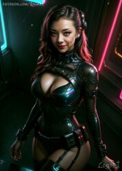 1girls actress ai_generated big_breasts bodysuit breasts celebrity cleavage cyberpunk detailed female female_only futuristic harness high_quality hourglass_figure human human_only latex light-skinned_female light_skin logart neon_lights seductive sensitive shiny_clothes solo stable_diffusion