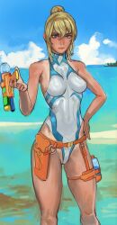 1girls blonde_hair female female_only highleg holster looking_at_viewer metroid mossa ocean one-piece_swimsuit outside perky_breasts samus_aran skin_tight solo solo_female standing water_gun