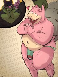 anthro balls bulge debudraws gay lifting_person male male_only nintendo okidogi overweight penis pink_body pokemon slowbro superchub