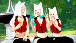 3d 3girls cerberus_(helltaker) demon demon_tail dog_ears female female_only helltaker kaoskatsu red_eyes tagme white_hair