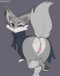 2023 anthro anus artist_name ass big_ass_(female) canid canine clothed clothing corsac_fox dreamworks dumptruck_ass dumptruck_butt ear_piercing eyelashes female fox fox_girl fur genitals grey_body grey_fur heart hi_res kung_fu_panda kung_fu_panda_4 leg_wraps looking_at_viewer looking_back looking_back_at_viewer mammal one_eye_closed pawpads piercing pussy simple_background solo tail vesperinox vixen vulva wink winking_at_viewer wraps zhen_(kung_fu_panda)