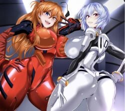 2girls asuka_langley_sohryu big_ass big_ass_(female) big_breasts big_butt black_background blue_eyes blue_hair bodysuit breasts female female_only huge_ass huge_breasts huge_butt human jet_puri light light-skinned_female light_skin long_hair long_hair_female looking_at_viewer neon_genesis_evangelion neopn_genesis_evangelion orange_eyes orange_hair pale-skinned_female pale_skin pilot_suit plugsuit red_clothes red_eyes red_plugsuit rei_ayanami short_hair short_hair_female smile smiling smiling_at_viewer take_your_pick thick_thighs white_clothing white_plugsuit white_teeth