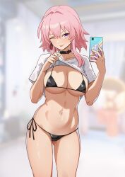 :p bikini black_bikini bonz0616 bonz_(bonz0616) cellphone choker cleft_of_venus cowboy_shot honkai:_star_rail march_7th_(honkai:_star_rail) micro_bikini one_eye_closed shirt_lift short_sleeves swimsuit taking_selfie teasing thighs white_shirt