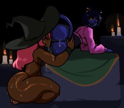 2girls ass big_ass big_butt blue_skin bottom_heavy candle catgirl dark-skinned_female female_only huge_ass luna_(royalmilk20) multiple_girls original_character rimming royalmilk20 saliva saliva_trail self_upload slutty_witch_(royalmilk20) sweat thick_ass thick_thighs witch witch_hat yuri