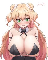 1girls 2023 @_@ alternate_costume alternate_version_available arms_under_breasts bare_shoulders black_bow black_bowtie black_leotard blonde_hair blush bow bowtie breast_hold breasts cleavage detached_collar double_bun female green_eyes hair_bun hashira_14 highres hololive hololive_gen_5 hololive_japan huge_breasts leotard long_hair looking_at_viewer momosuzu_nene oerba_yun_fang playboy_bunny signature simple_background solo strapless strapless_leotard sweat traditional_bowtie upper_body v-shaped_eyebrows variant_set virtual_youtuber white_background