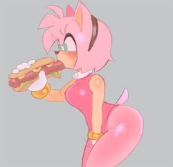 1girls amy_rose bracelet dress eating female food furry gloves hotdog sega sonic_(series) thoxintoinang