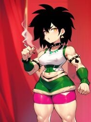 ai_generated alternate_costume amber_eyes black_hair breasts cigarette collar dragon_ball dragon_ball_super earrings female gine muscular_female pink_shorts saiyan smoking solo tagme tatto