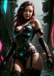 1girls actress ai_generated big_breasts bodysuit breasts celebrity cleavage cyberpunk detailed female female_only futuristic harness high_quality hourglass_figure human human_only latex light-skinned_female light_skin logart neon_lights real_person seductive sensitive shiny_clothes solo stable_diffusion
