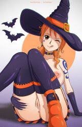 1girls areolae bats big_breasts boots breasts choker color female female_focus female_only front_view gloves hair halloween hand_on_hip highres hiyozuki moon nami nami_(one_piece) nipples one_piece orange_eyes orange_hair orange_shoes pink_areola post-timeskip purple_choker purple_gloves purple_hat purple_headwear pussy shoulder_tattoo shounen_jump sitting solo solo_female solo_focus tattoo tattooed_arm thick_thighs thighs tongue_out witch witch_costume witch_hat