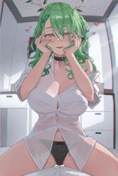 1girls archinoer breasts ceres_fauna choker cleavage female green_hair heart-shaped_pupils hololive hololive_english hololive_english_-council- hololive_english_-promise- horns large_breasts light-skinned_female light_skin long_hair navel panties virtual_youtuber yellow_eyes