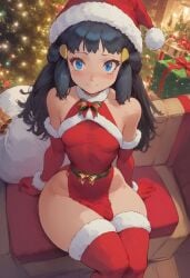 ai_generated black_hair blue_eyes blush christmas christmas_hat christmas_headwear christmas_outfit christmas_tree civitai collar dawn_(pokemon) dress elbow_gloves gloves indoors long_hair looking_at_viewer pokemon shy sitting small_breasts smile thick_thighs thighhighs thighs viewed_from_above wide_hips