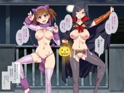 2girls black_hair breasts cleavage condom halloween large_breasts maria-sama_ga_miteru mizuryuu_kei moon multiple_girls night night_sky nipples original sky twintails