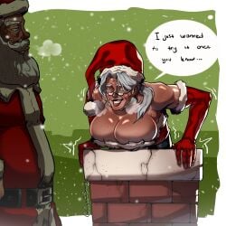 1boy 1girls breasts busty captainsmutty chimney christmas comic dialogue embarrassed english english_text female gilf glasses grey_hair huge_breasts male mature_female mrs._claus nervous_smile santa_claus snow speech_bubble text