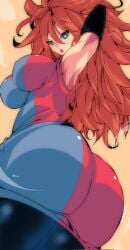 1girls android android_21 armpits ass blue_eyes breasts brown_hair checkered_clothes checkered_dress covered_erect_nipples detached_sleeves dragon_ball dragon_ball_fighterz dress earrings female_focus hair_between_eyes highres hoop_earrings huge_ass jewelry kinakomochi_(user_vedc2333) large_breasts long_hair looking_at_viewer omochi_db open_mouth pantyhose signature solo teeth tongue upper_teeth_only very_long_hair