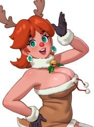 1girls 2023 bimbo blue_eyes breasts brown_hair christmas cleavage clothing female female_focus female_only huge_breasts large_breasts light-skinned_female light_skin long_hair looking_at_viewer mario_(series) nintendo open_mouth orange_hair princess_daisy reindeer_costume rizdraws simple_background smile solo white_background