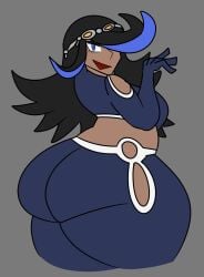 1girls alternate_ass_size alternate_body_type ass ass_bigger_than_head ass_focus black_hair blue_eyes blue_hair blue_highlights bottom_heavy breasts dark-skinned_female dark_skin fat_ass game_freak goggles gray_background grey_background hair hair_over_one_eye huge_ass large_ass long_hair midriff nintendo open_mouth plump pokemon pokemon_oras saucemaster shelly_(pokemon) shelly_(pokemon_oras) simple_background team_aqua thick thick_ass thick_legs thick_thighs two_tone_hair wide_hips