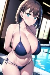 1girls ai-chan_(tawawa) ai_generated arms_behind_back big_breasts brown_hair busty child_bearing_hips cleavage getsuyoubi_no_tawawa large_breasts legs looking_at_viewer navel pool short_hair smile thick_thighs thighs water