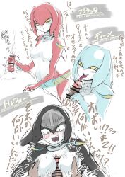 3girls breast_grab breasts female female_zora laflat_(botw) marsalcaran_(artist) mei_(zelda) multiple_girls offscreen_character offscreen_male tagme the_legend_of_zelda the_legend_of_zelda:_breath_of_the_wild torfeau_(zelda) translation_request zora