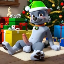 1boy ai_generated anthro balls brown_eyes christmas christmas_background christmas_decorations christmas_hat christmas_presents christmas_tree dog_collar luxeraora10 male male_only mixed_breed penis rocky_(paw_patrol) solo_male tensor.art