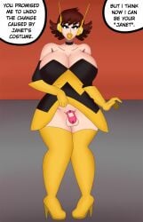 1futa 2023 after_transformation avengers balls big_breasts bimbo bimbo_futanari bimbo_lips bimbofication blue_eyes bottomless brown_hair chastity_cage clothed clothing color costume dialogue english_text feminization flaccid futa_only futanari futanari_transformation high_heel_boots hinata-hime huge_breasts intersex janet_van_dyne light-skinned_futanari light_skin lipstick male_to_futa marvel marvel_comics mostly_clothed mti_transformation queen_hina short_hair solo solo_futa speech_bubble standing text the_avengers:_earth's_mightiest_heroes transformation wasp_(earth's_mightiest_heroes) wasp_(marvel) yellow_lipstick