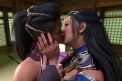 2girls 3d armor black_hair breasts_pressed_together clone clonecest edenian eye_contact female female_only fully_clothed imminent_kiss incest kissing kissing kitana kiteena long_hair mileena mortal_kombat mortal_kombat_1_(2023) princess rayalterego23 royalty sisters wrist_grab yuri