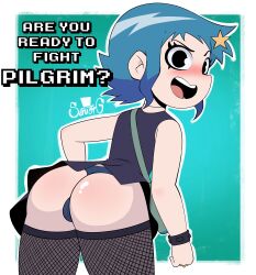 1girls ass blue_hair clothed english_text female female_only fishnets pantyshot pantyshot_(standing) ramona_flowers scott_pilgrim seniorg smile tagme