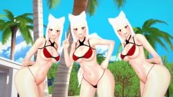 3d 3girls cerberus_(helltaker) demon demon_tail dog_ears female female_only helltaker kaoskatsu red_eyes tagme white_hair