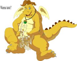 absurd_res anthro balls blue_eyes bodily_fluids claws cum cum_on_belly cum_on_body cum_on_ground cum_on_hand cum_on_penis dragon dragon_tales english_text erection fangs genital_fluids genitals hi_res horn jewelry looking_at_viewer male malroth masturbation mature_male necklace open_mouth orgasm penile penile_masturbation penis quetzal_(dragon_tales) scalie small_wings smile solo teeth text tongue western_dragon wings yellow_body